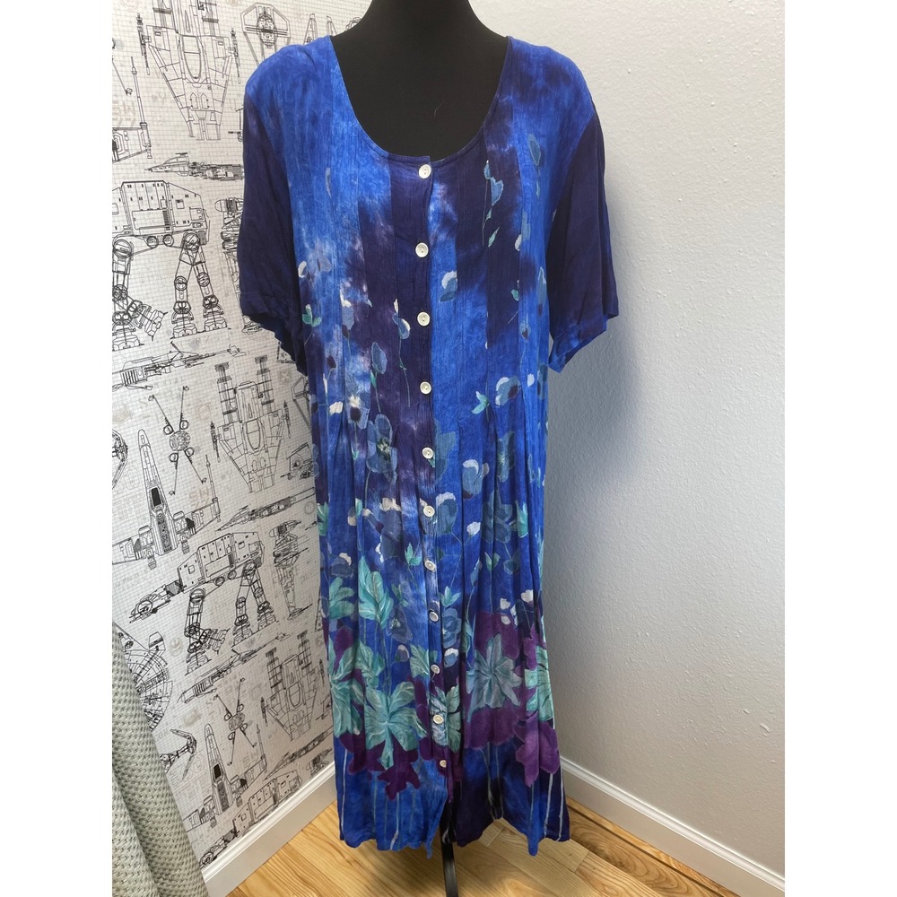 La Cera Maxi Dress Floral Button Front 3XL Blue Purple Rayon Cottage Babydoll